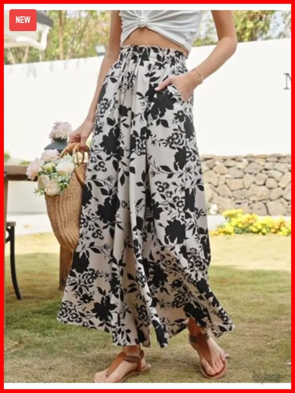 Women's Palazzo Pants Boho Floral Wide Leg High Waisted Flow Pants with Pockets